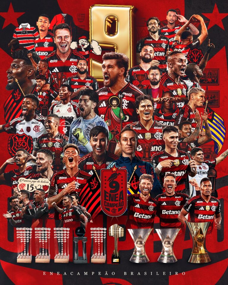 Arte com atletas e taças do Flamengo