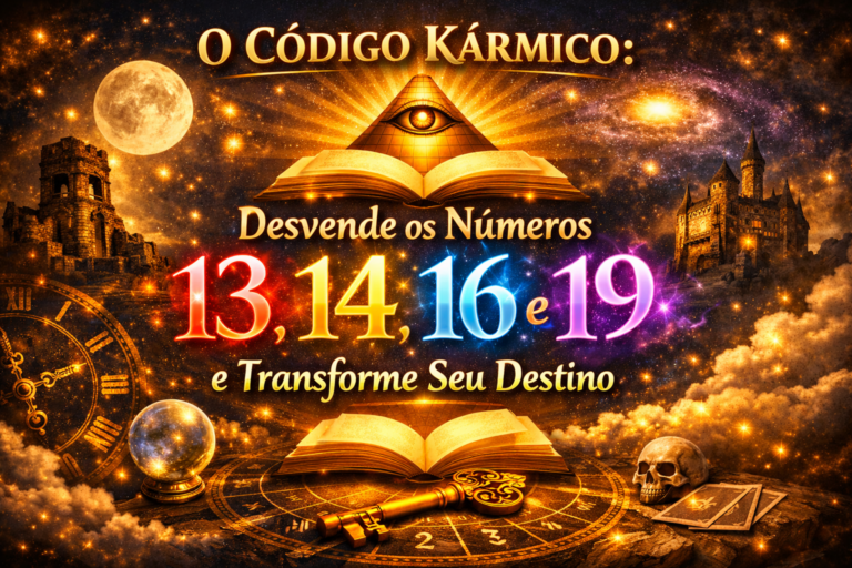 O Código Kármico: Desvende os Números 13, 14, 16 e 19 e Transforme Seu Destino Arte mística sobre o Código Kármico na Numerologia Cabalística, destacando os números 13, 14, 16 e 19, símbolos esotéricos, livro sagrado, chave dourada e elementos ligados ao destino e à transformação espiritual.