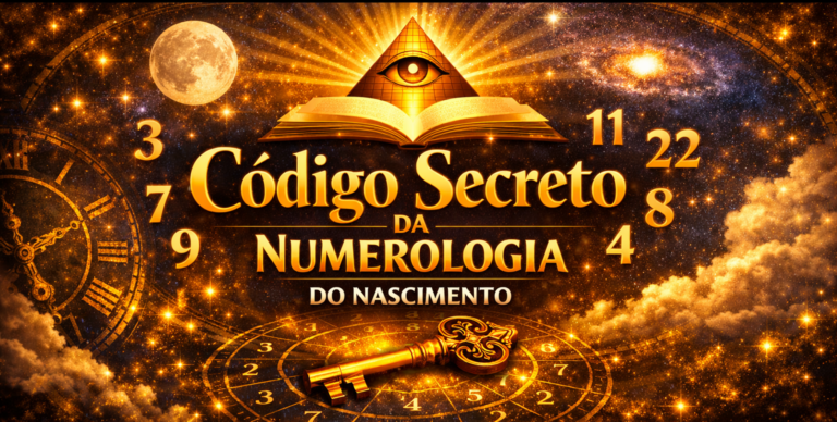 Código Secreto da Numerologia do Nascimento com símbolos cabalísticos, números mestres, chave dourada, livro sagrado e elementos místicos representando autoconhecimento e destino.